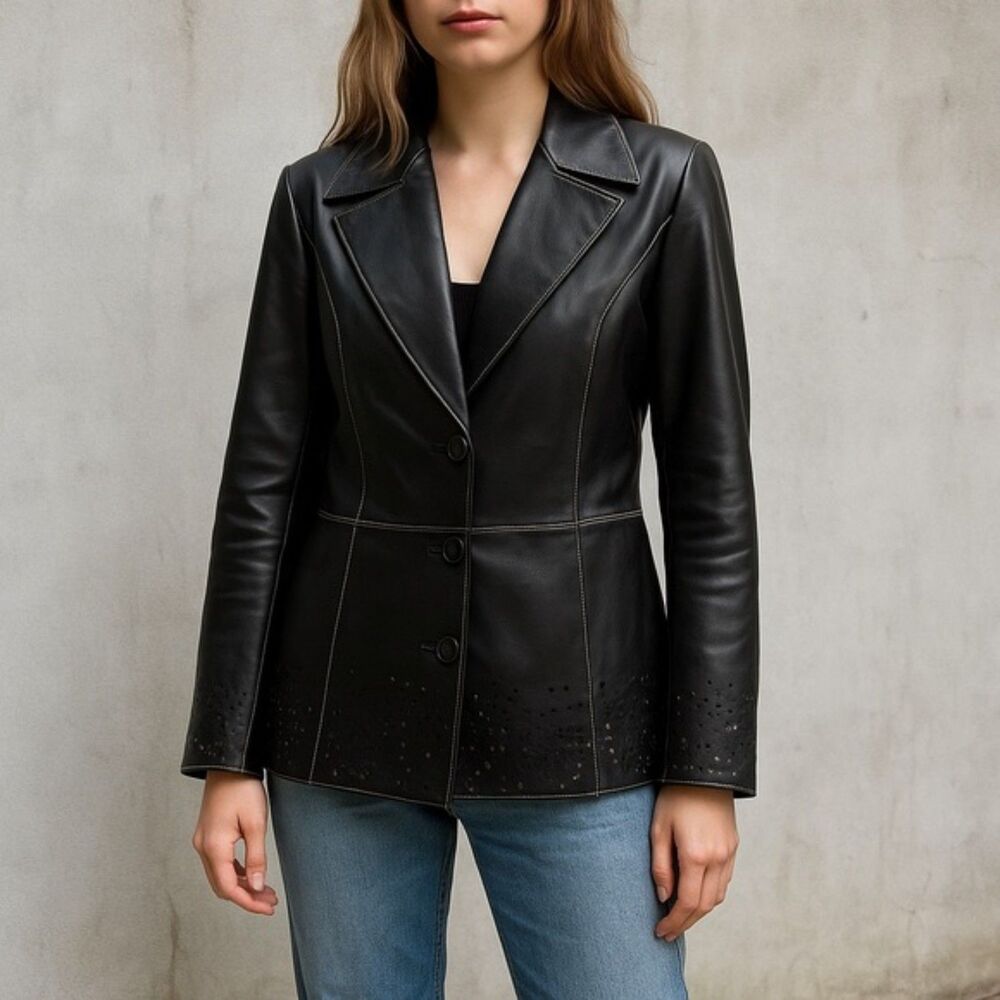 Vintage Classiques Entier Black Leather 3-Button Blazer Lasercut Trim Sz 10 Y2K